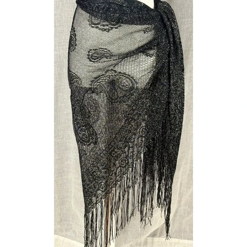 Paisley Black Metallic Shawl With Fringe Sheer Sparkle Witchy Boho Festival OS